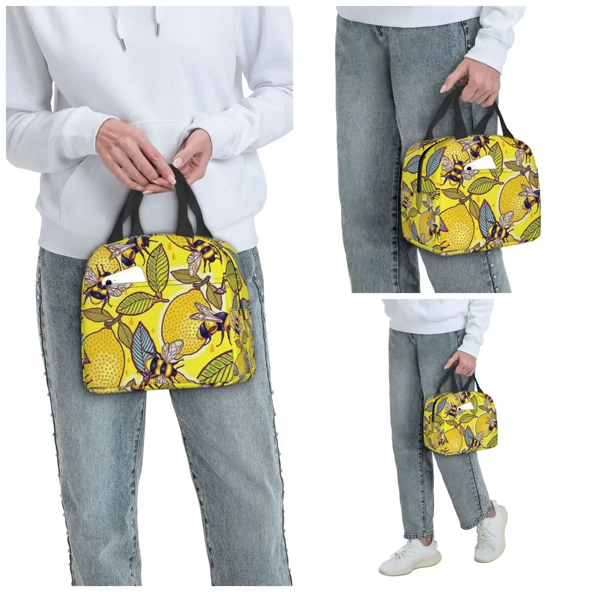 Yellow Lemon And Bee Garden Insulated Lunch Bag for Kids School Cooler Thermal Food Box Tote Portable Lunch Boxes Container