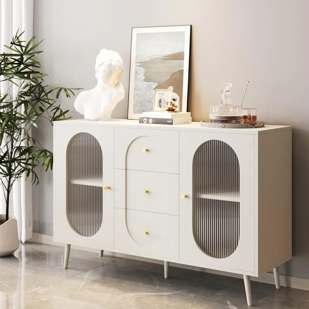 

Buffet Cabinet with Storage and 3 Drawers, Mid-Century Fluted Glass 2-Door Sideboard Cabinet