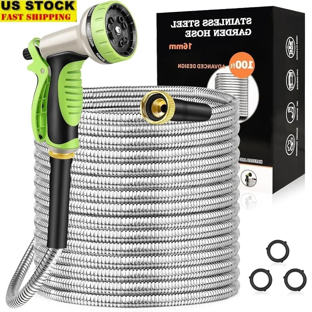 

100FT Stainless Steel Heavy Duty Garden Hose with 10 Function Nozzle Flexible No-Kink Durable Tear Proof Lightweight Easy to
