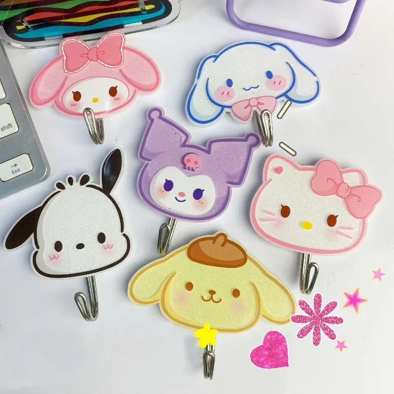 Miniso Sanrio Hello Kitty My Melody Kuromi Kawaii Anime Traceless Hook Bathroom Dormitory Adhesive Hook Student Gifts