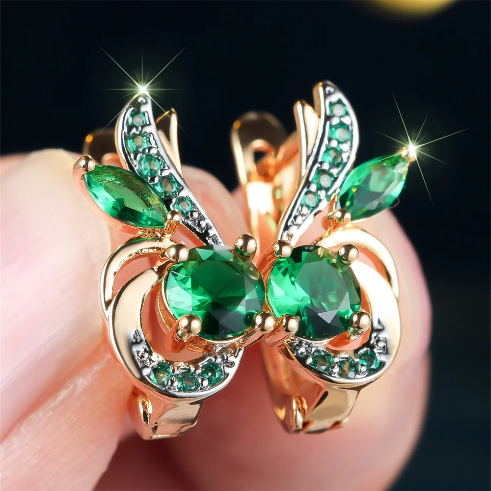 Pendientes de aro con forma de flor y alas, con circonitas verdes y cristales azul agua, para mujer. Adornos con detalles dorados, ideales para bodas y como regalo versátil.