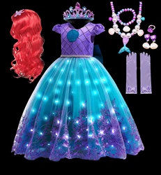 Evening Party Girls LED Lights Princess Ariel Dress New Movies The Little Mermaid Coslplay Costume Halloween Luminous Prom Gowns