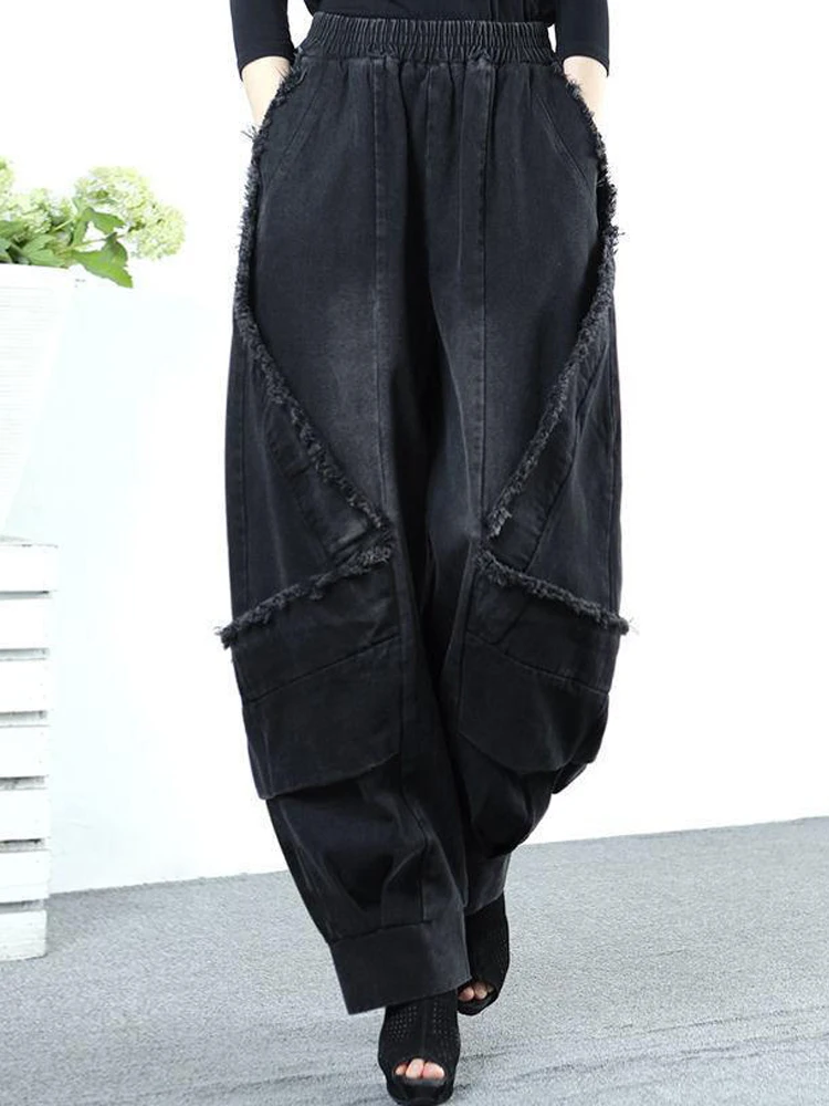Black Wide-leg Jeans Harem Pants Loose Fashion Casual Full Length High Waist Patchwork Print Pocket Jeans Women Autumn Winter