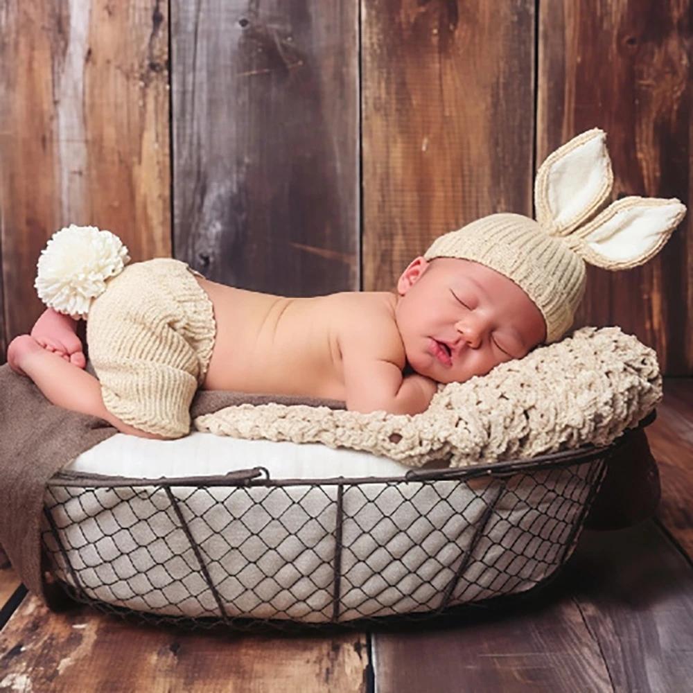 Newborn Photography Props Bunny Costume Baby Knit Outfit with Hat Tail Set Infant Photo Shoot Accessories Baby Shower Gift