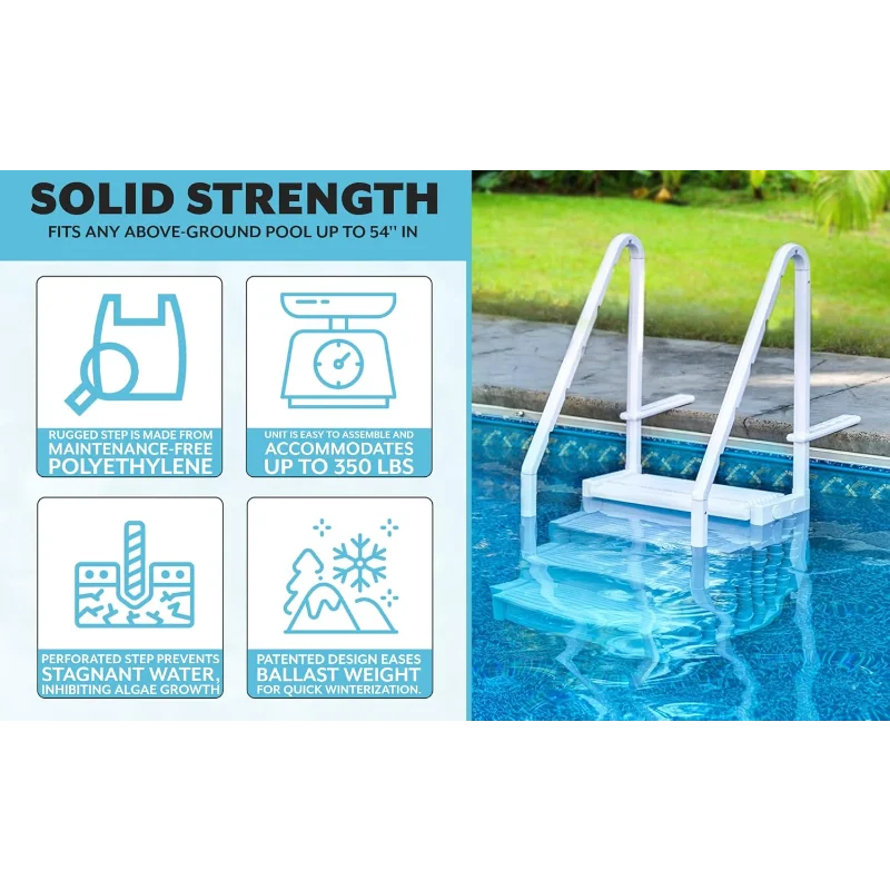 Poolzilla Premium Pool Step Ladder for Above Ground Pools - Deck Mounted Ladder w/Double Handrails - for 48’’ to 54’’ in. Above