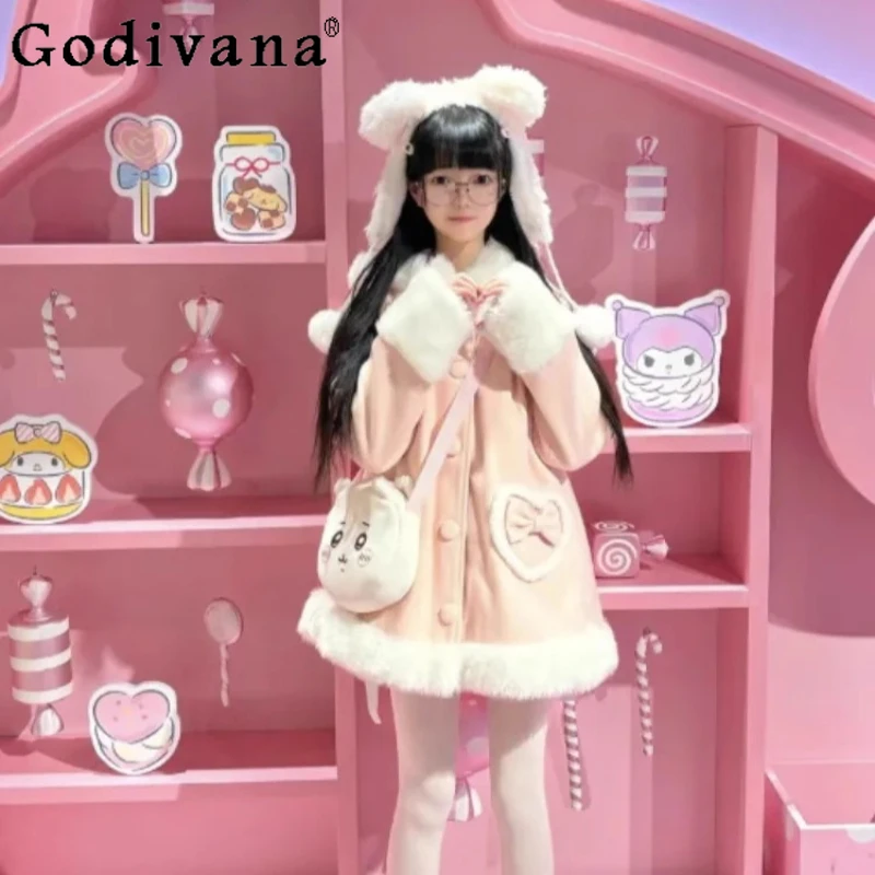 

Winter New Sweet Style Wool Coat for Women Rabbit Ear Mid Length Pink Woolen Coat Female Japanese Style Bowknot Overcoat