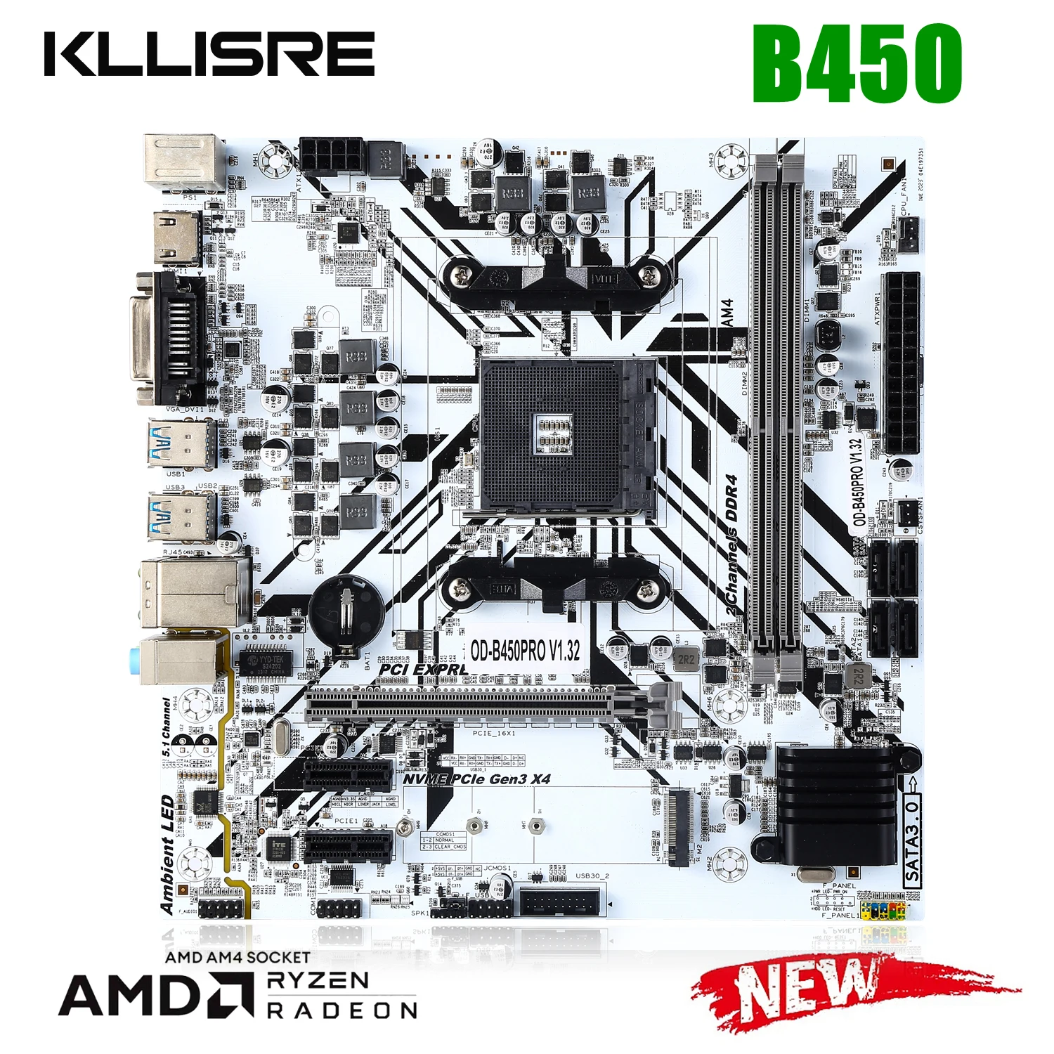 

Материнская плата Kllisre B450 B450PRO, двухканальная DDR4, поддержка процессора Ryzen AM4 M.2 NVME, белая Placa-mãe