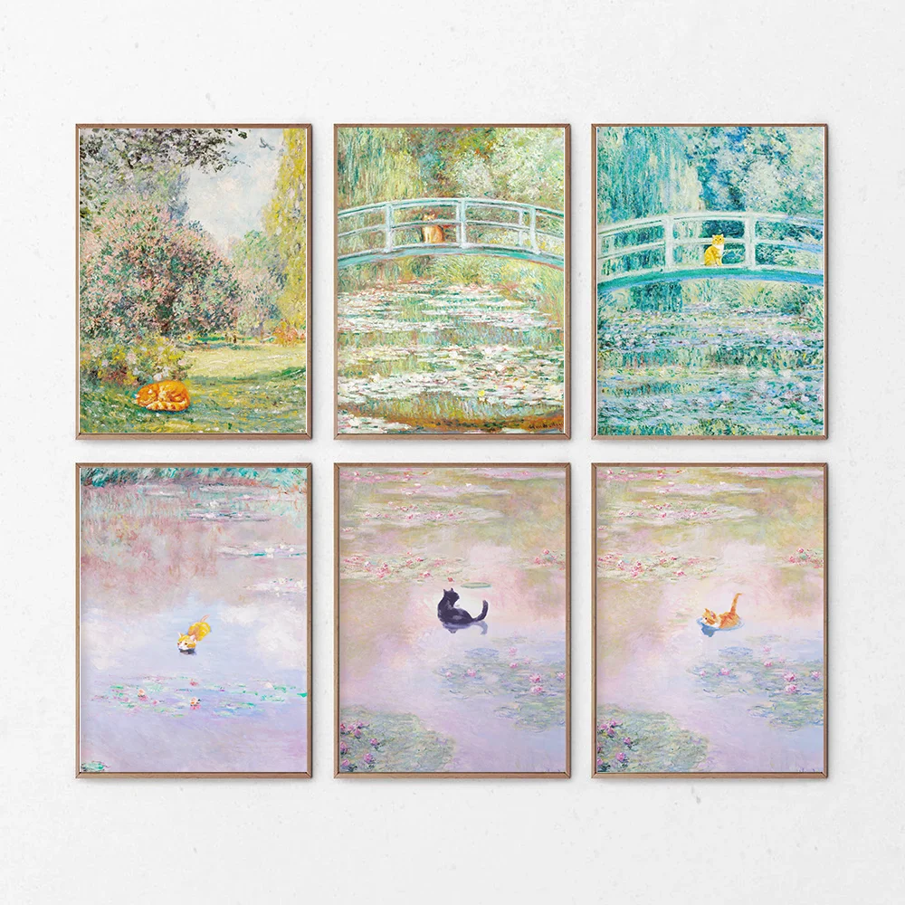 （2D Canvas painting） Monet and Van Gogh Cat Posters Funny Kitty Print Floral Animal Painting Wall Art Renowned Artwork Repain