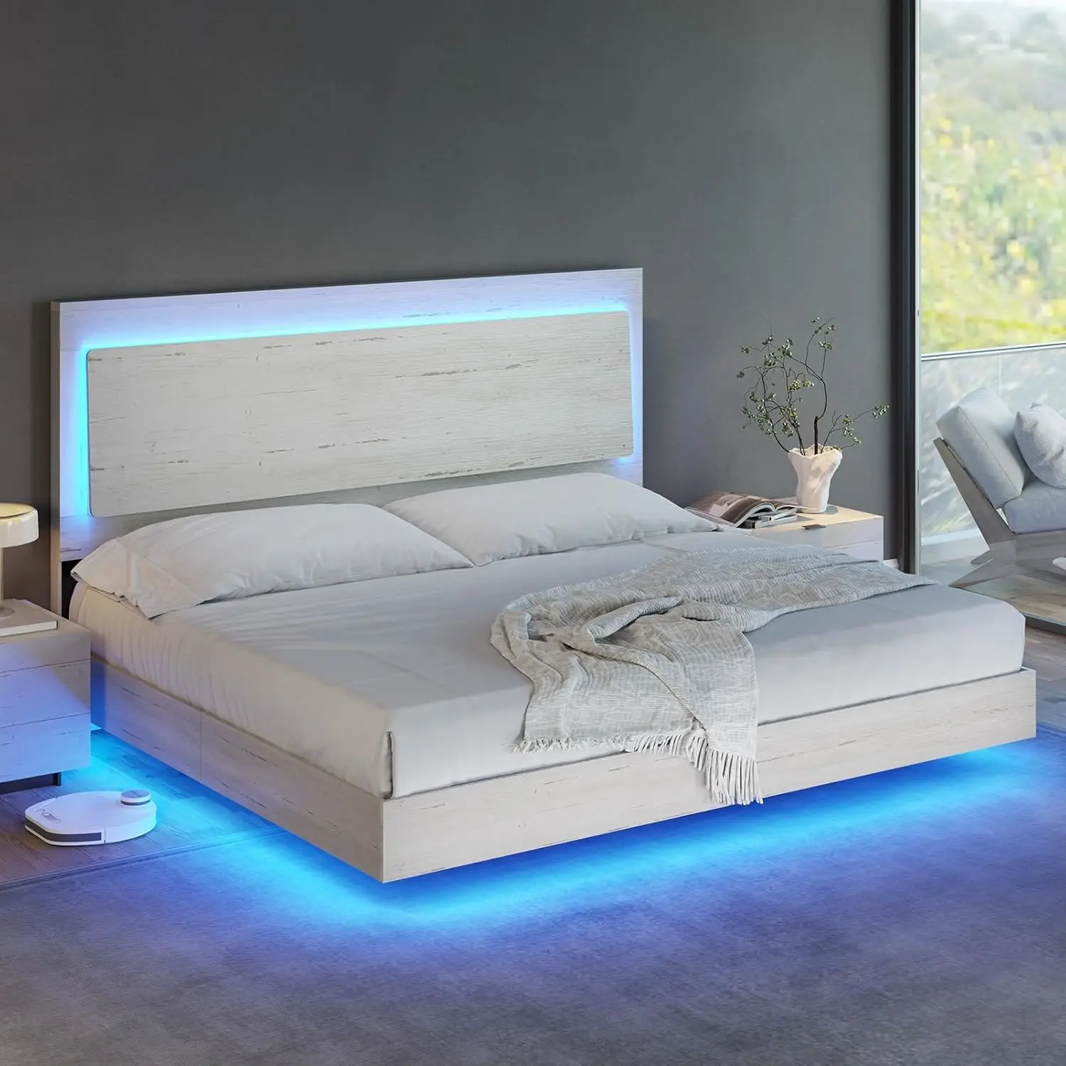 King Floating Bed Frame With Recline Headboard & LED Light, No Box Spring Noise Free Platform, Distressed White, Customized
