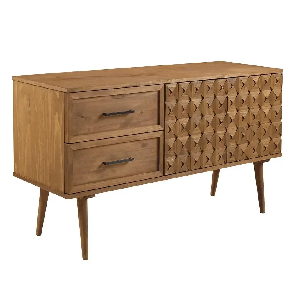 Boho Solid Wood Sideboard 2 Doors 2 Drawers Stylish Storage Buffet TV Stand with 3D Prism Detail