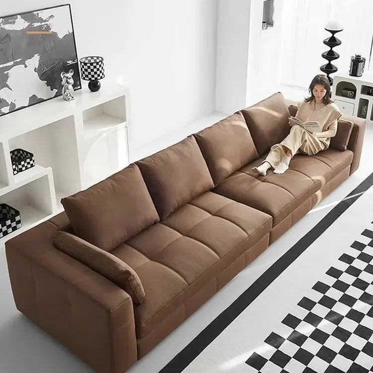 

Nordic straight row, large flat layer, Italian minimalist living room top layer cowhide leather sofa