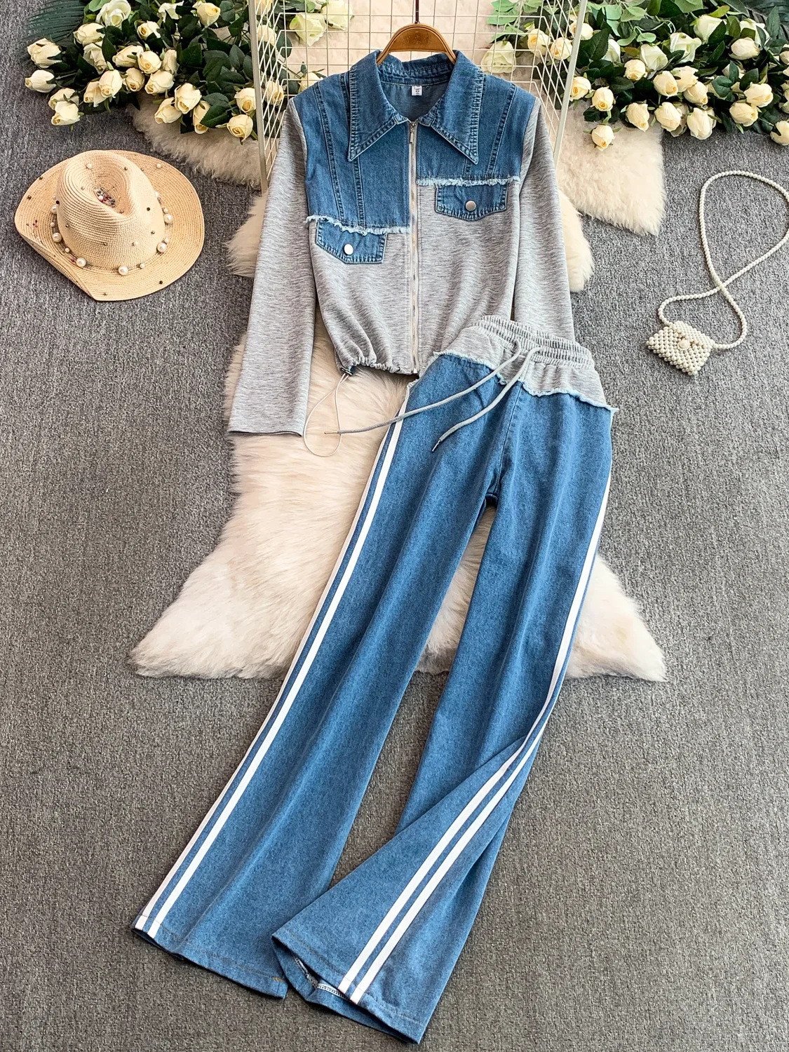 

Vintage Denim Patchwork Coat High Waist Slimming Striped Pants Two-Piece Set Women's Faion Outerwear Casual Winter Ensemble