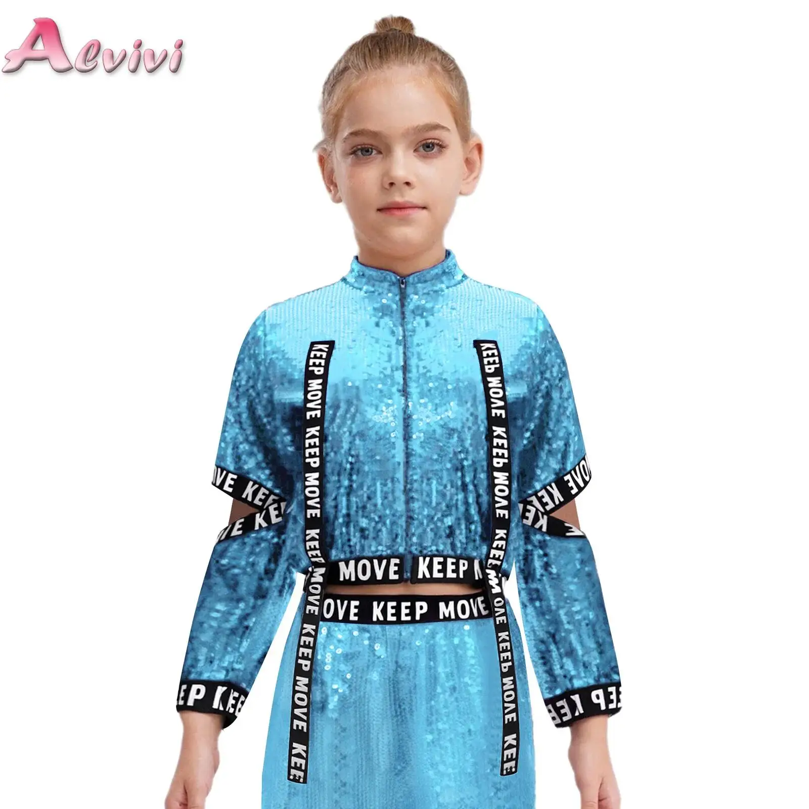 

Kids Girls Sequin Jacket Letter Printed Hip Hop Jazz Dance Coat Baseball Jackets Outerwear Rave Party Stage Performance Costumes
