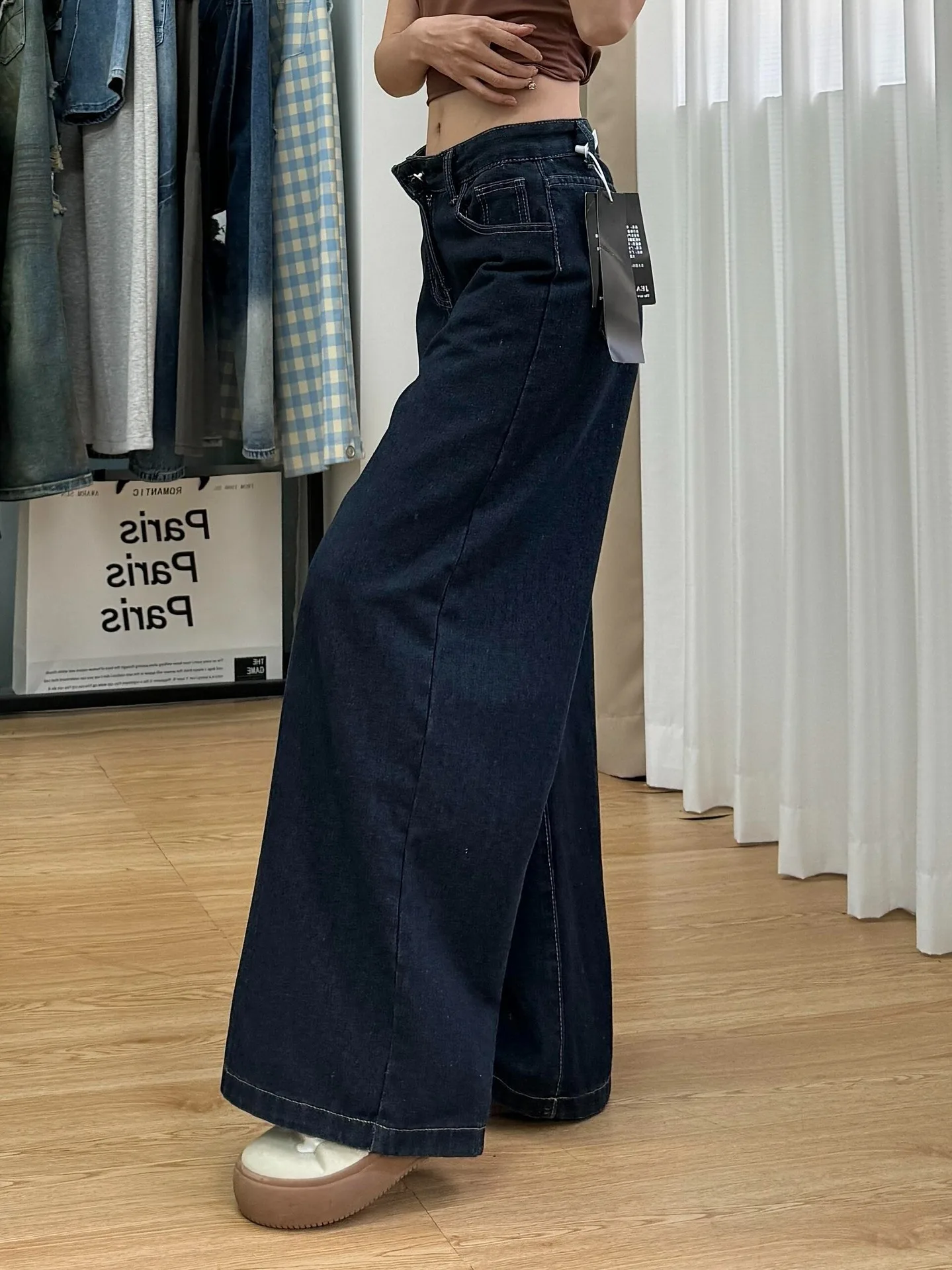 أنيقة خمر الأزرق الداكن واسعة الساق الجينز النساء عالية الخصر سليم صالح مستقيم الساق السراويل الحد الأدنى اللف الطابق طول الدنيم #2