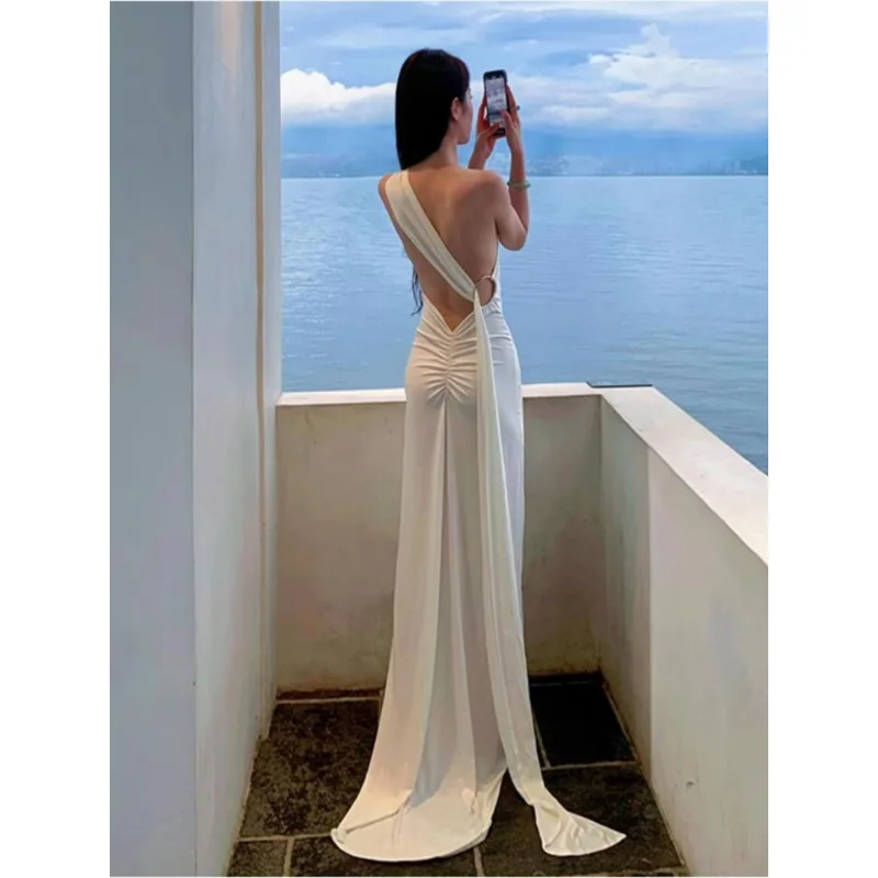 

French Atmosphere White Ribbon Sexy Backless Dress Women's Seaside Vacation Beach Dress Annual Meeting Formal Dress