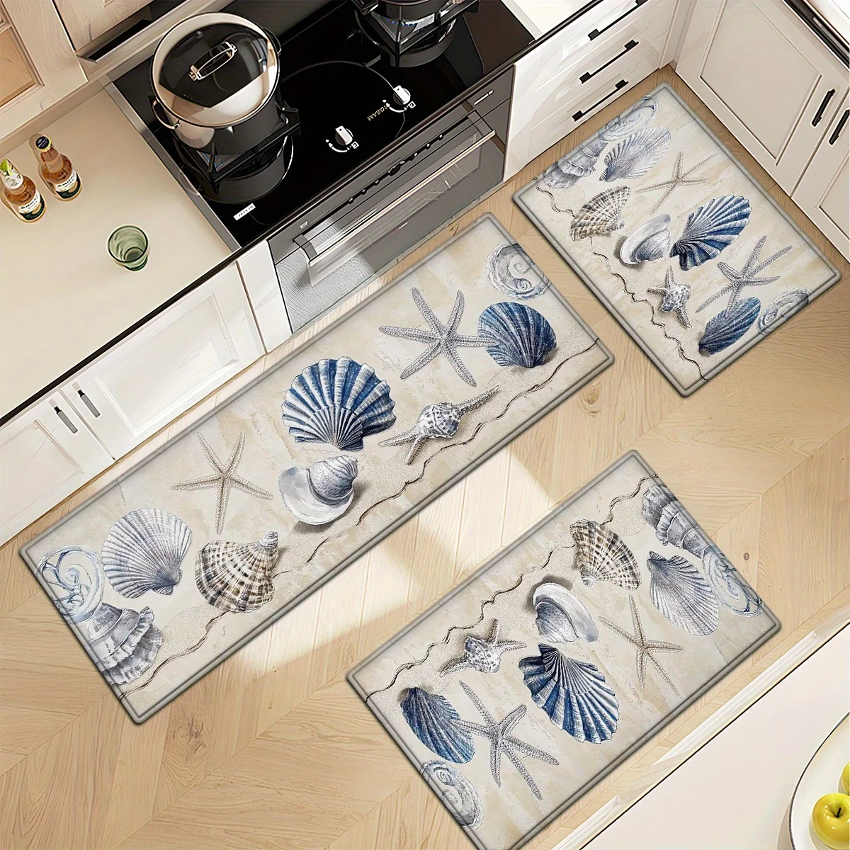 1 2 3 Starfish Patterns, Light Blue Shells, Watercolor Illustration Style Flannel Padded Kitchen Rug Non-Slip Washable, Bedroom Door Mat, Living Room Bathroom Absorbent Mat Set, Non-Slip Floor Mat, Hallway Mat, Floor Mat