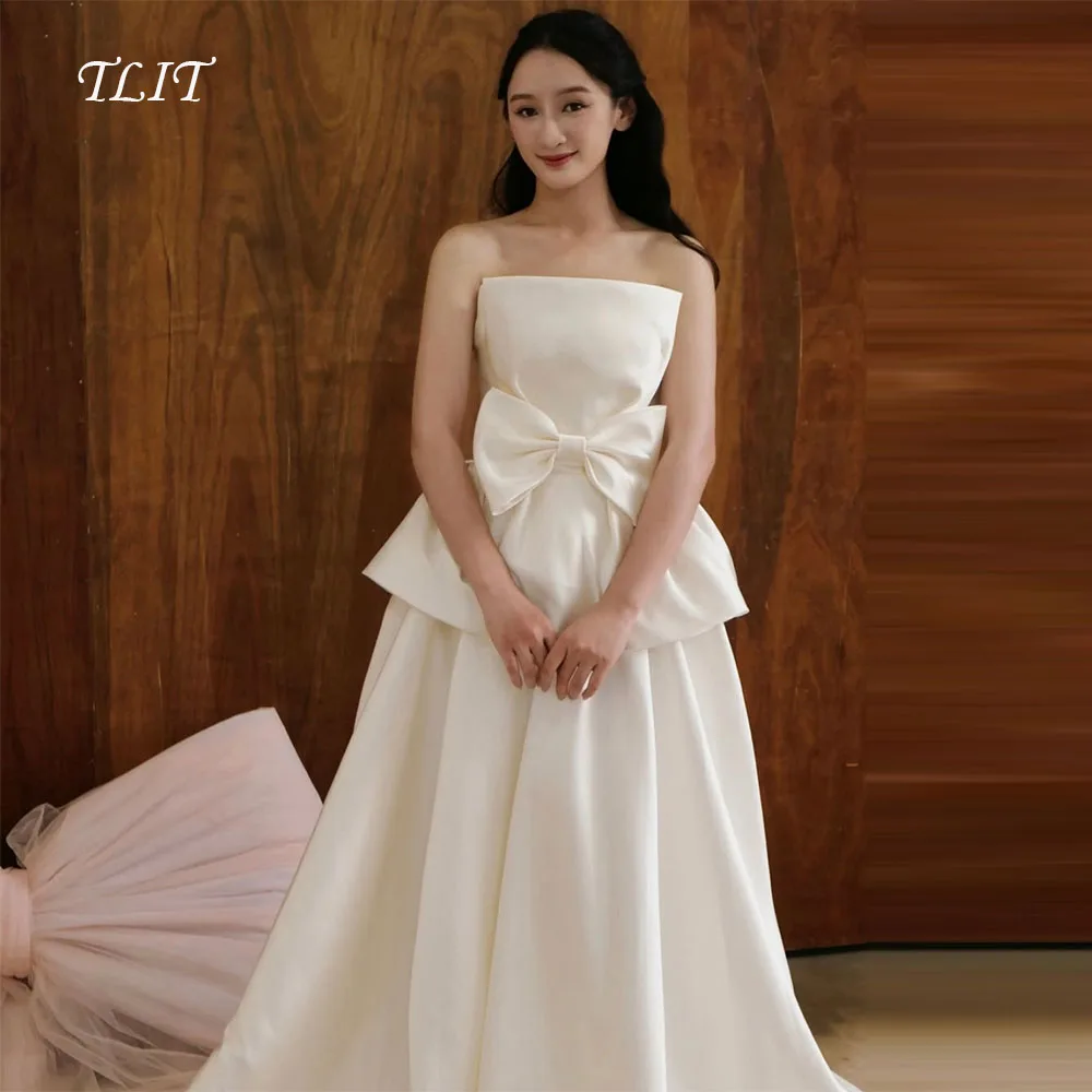

TLIT Simple Ivory Silk Satin A-Line Wedding Gown Customized Strapless Big Bow Bridal Gown Korea Wedding Dress Photos Shoot