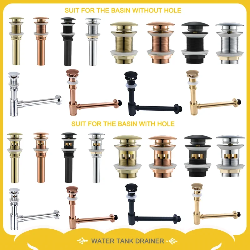 Solid Brass Basin Sink Pop-Up Waste Stopper Push-Open Water Siphon Hose Drain Bottle Trap round Bathroom Faucet Accessory