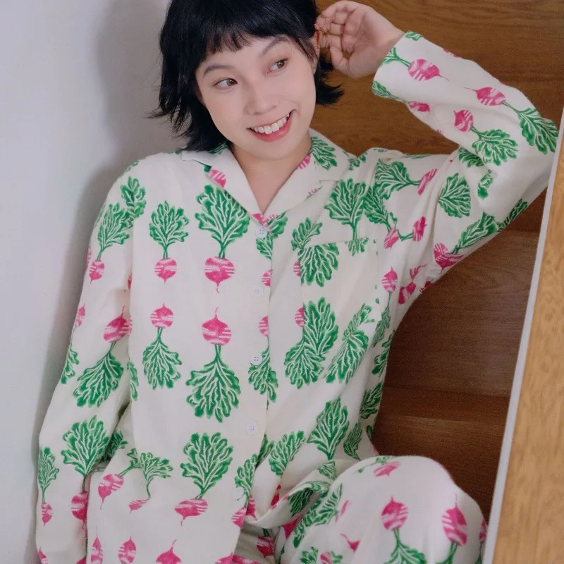 ملابس نوم نسائية جديدة من القطن الخالص بأكمام طويلة للربيع والخريف ملابس منزلية دافئة جميع القطن المصقول للخريف والشتاء #2