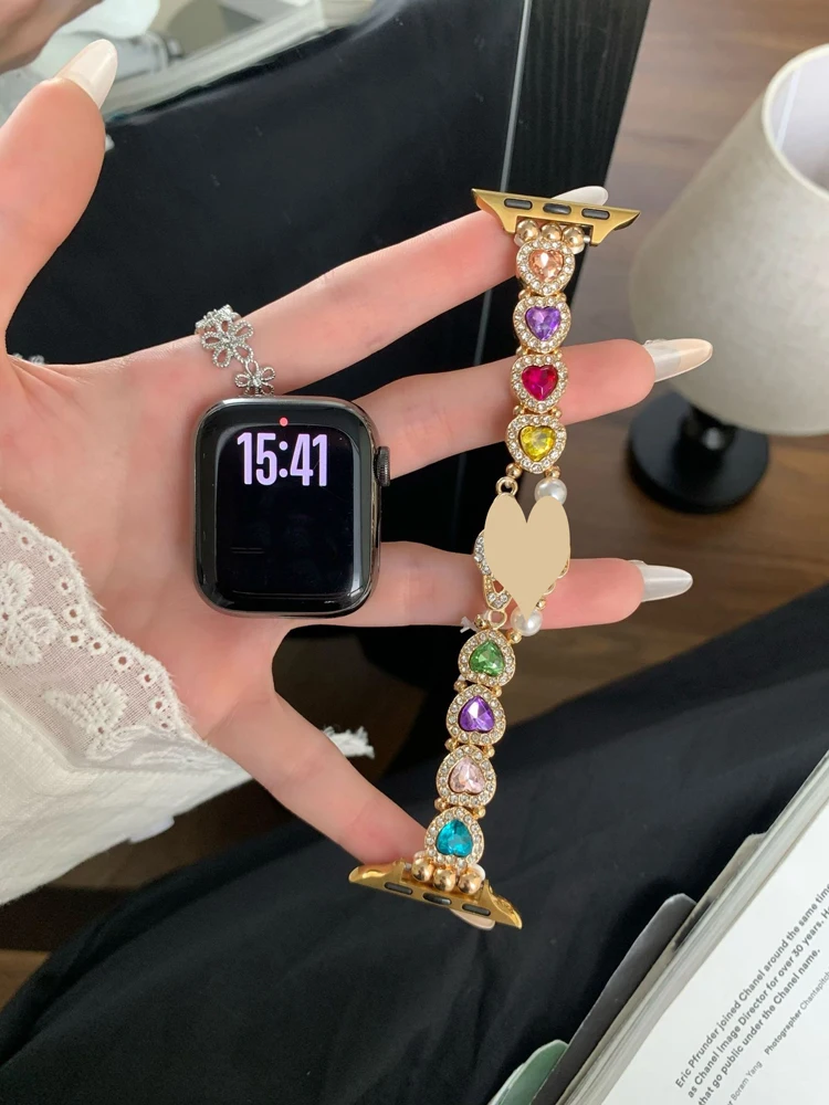Ladies Heart Shaped Gem Pearl Bracelet for Apple Watch Series 11 10 9 8 7 Ultra Sparkle Saturn Metal Wristband 38‑49mm All Sizes