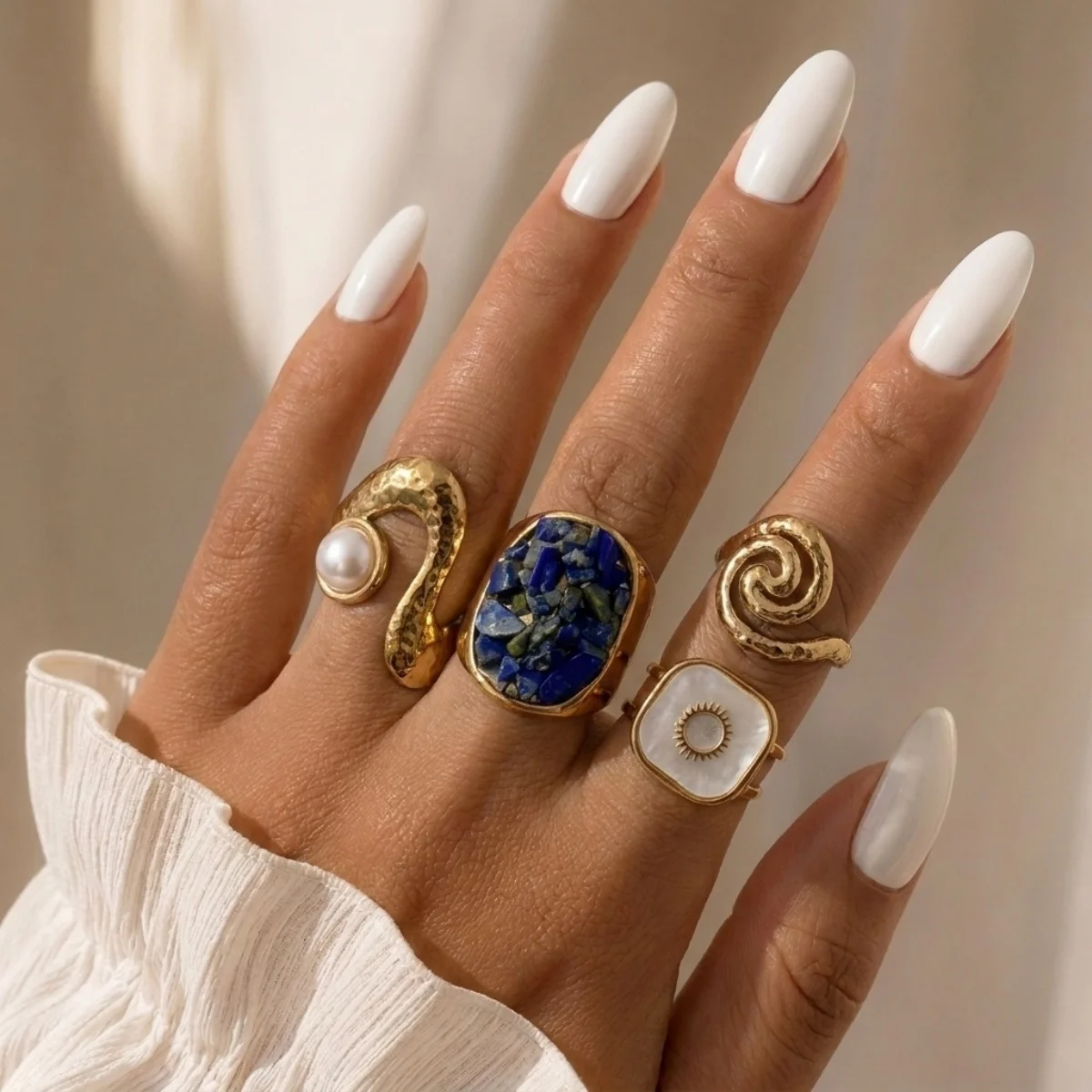 Ästhetische, natürliche Kieselsteine, spiralförmige, imitierte Perlen, strukturierte, gewellte Ringe für Damen und Herren, Edelstahl, geometrischer Ring, Schmuck. – Detail 11