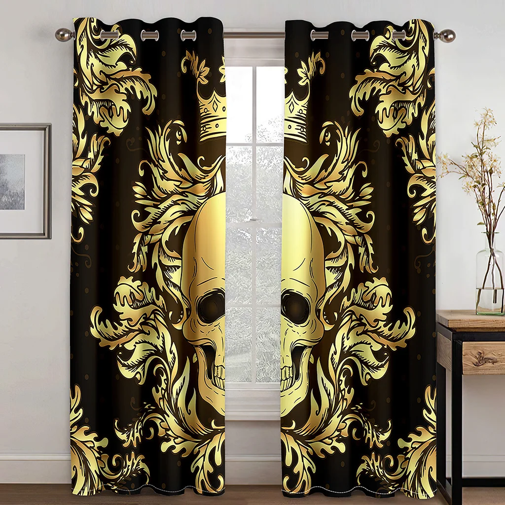 

Skull Black Golden Crown3D Digital Printing Polyester Thin Shading Window Curtains for Living Room Bedroom Bathroom Decor Hooks