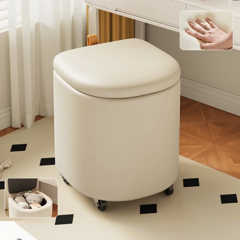 Makeup Stool Movable Bedroom Storage Dressing Stool Cream Wind Rotating Universal Low Stool Light Luxury High-end Leather Chair