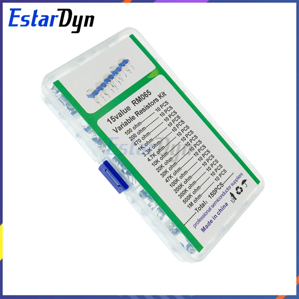 RM065 Комплект потенциометра обрезки 150 шт. 15 значений Ассортимент переменных резисторов с коробкой для ремонта электроники своими руками