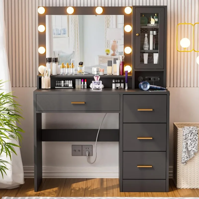 Vanity Desk with Mirror and Lights,with Drawer & Glass Storage Cabinet & Charging Station, 3-Color Lights Adjustable Brightness