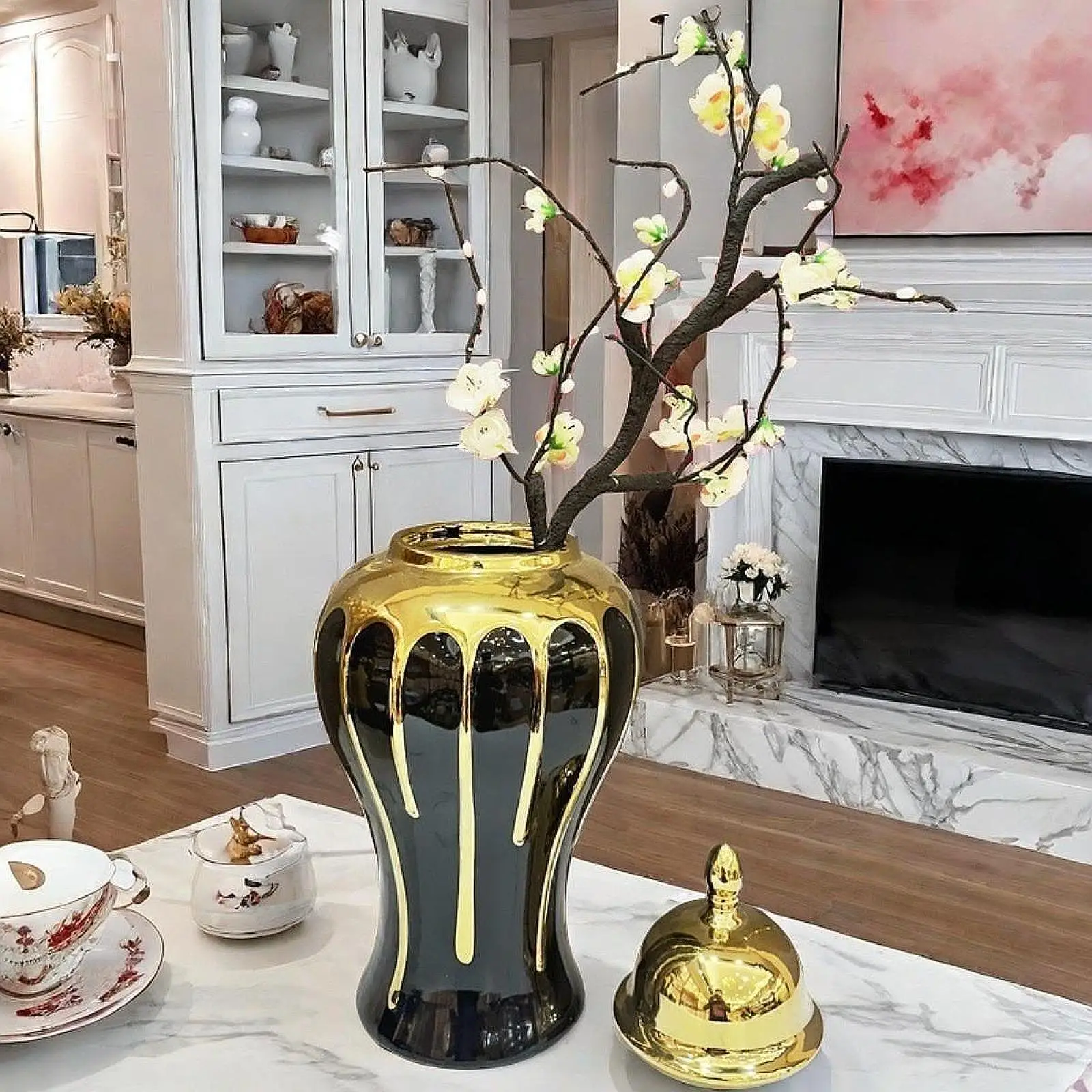 Ceramic Vase Jar Black and Gold Color Ginger Jar Handmade Collectible Desktop
