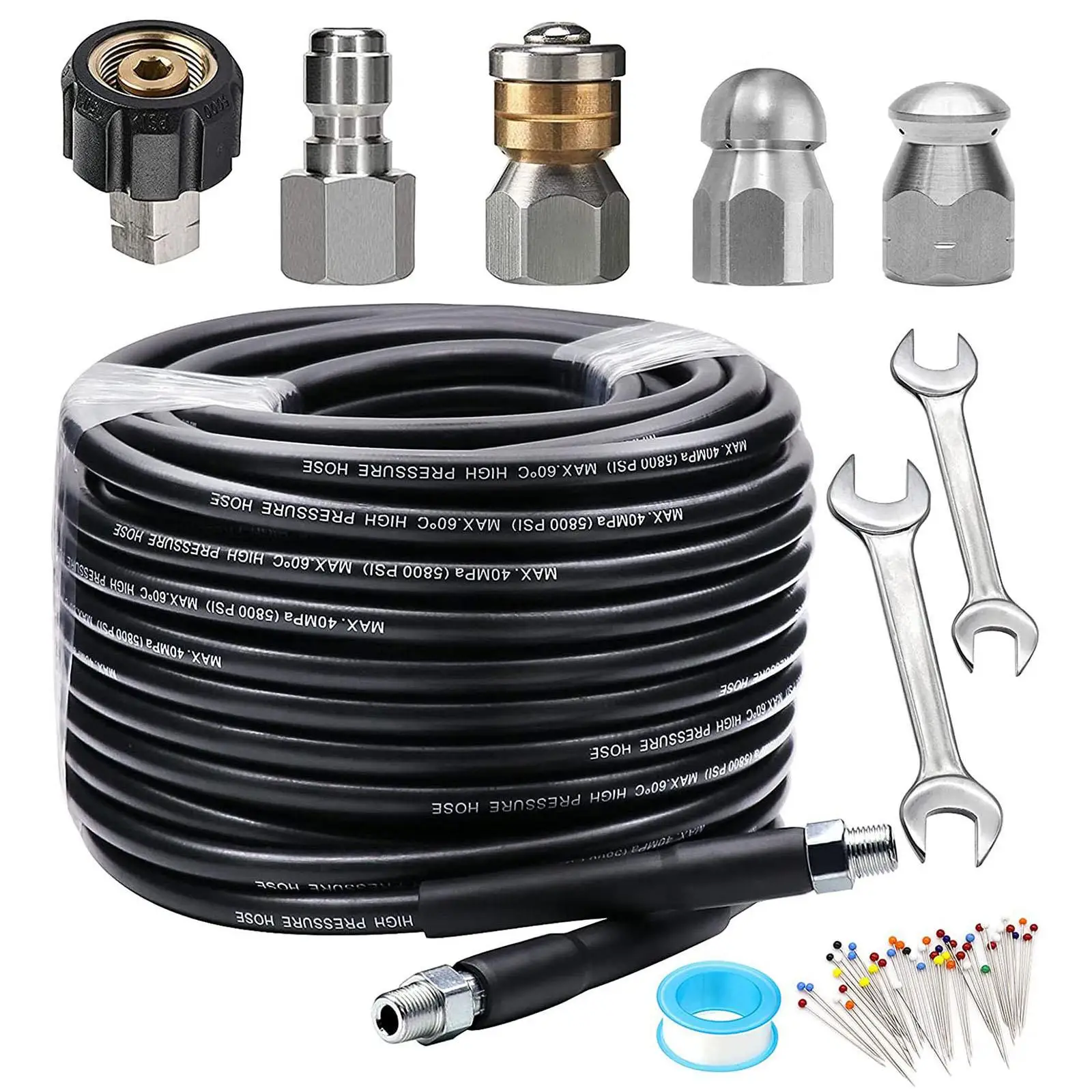 30M Sewer Jetter Kit for Pressure Washer with Corsage Pins 1/4 inch NPT for Sinks Indoor Outdoor Cleaning Car Toilets Motorcycle