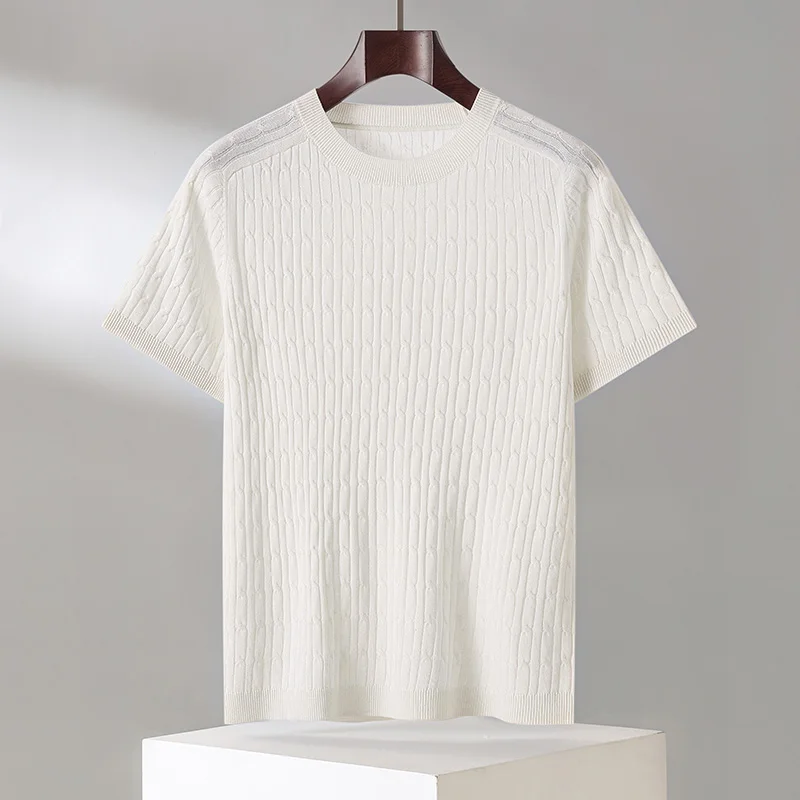100% Lyocell Men's Round Neck Short Sleeve T-Shirt Fashion Loose Thin Vest Business Casual High-End Shirts Summer Knit Tops Tees
