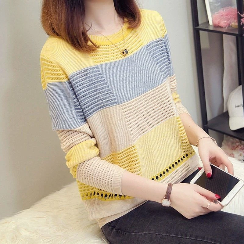 

Patchwork Spring Summer Thin Sweaters Hollow Out Slight Strech O-Neck Pullovers Loose Leisure Women's Clothing Creative F499