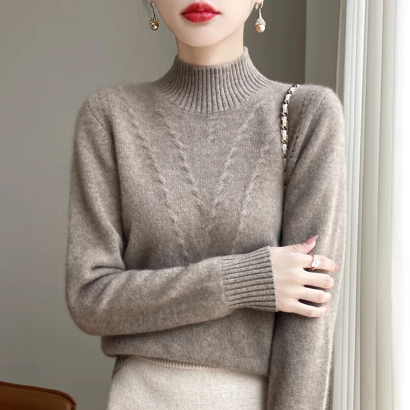 

Pop Autumn Women Turtleneck Wool Sweater Long Sleeve Knitted Bottoming Solid Pullover Stripe Women Casual Sweater Winter Jumper