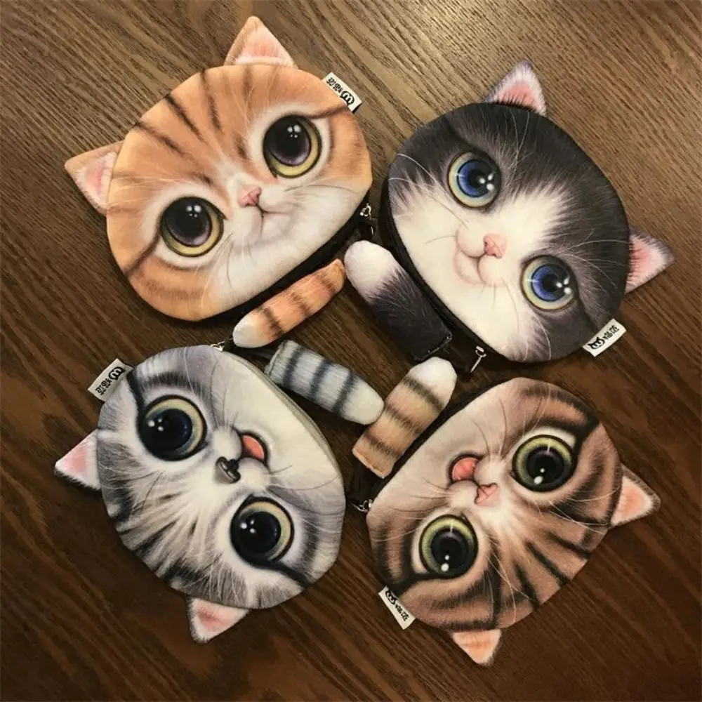 Cute Plush Cat Face Coin Purse Soft Animal Coin Pouch Cat Tail Design Phone Bag Woman