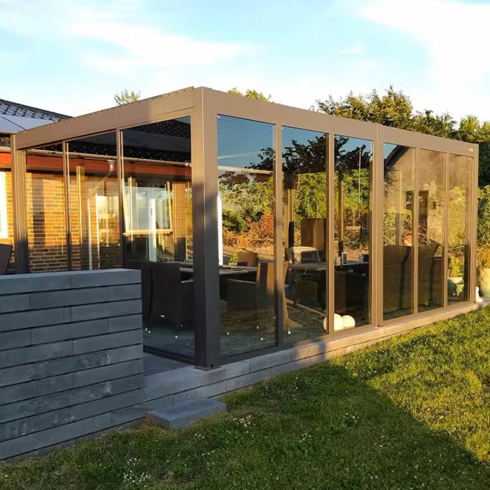 Minimalist Motorized Aluminum Adjustable Louvered Waterproof Pergola with Hidden Drainage System and LED Strip Light for Balcony