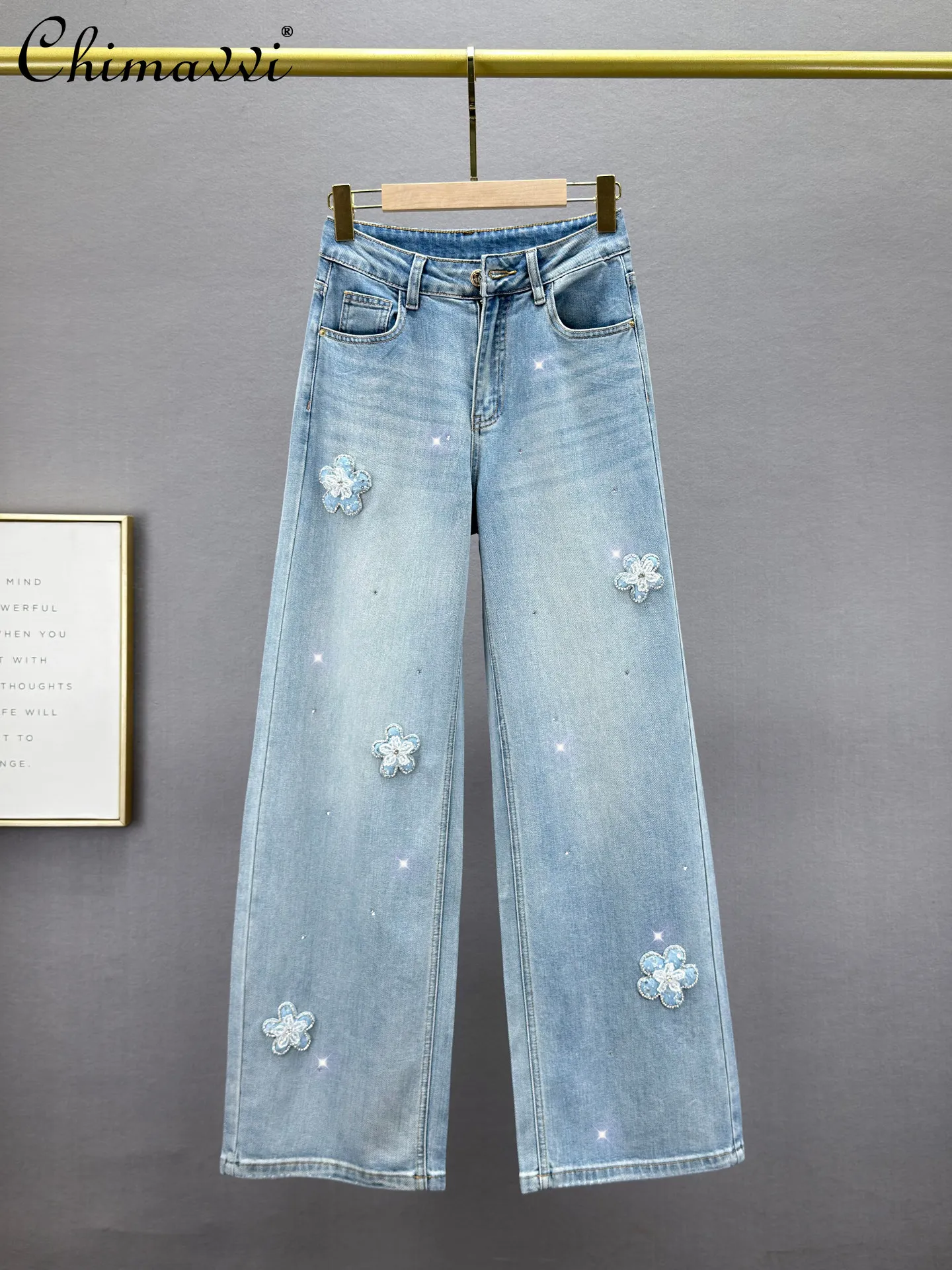 

Heavy Rhinestone Jeans Women 2026 Spring New High-waisted Loose Slim European Style Streetwear Extra-long Floor-length Pants