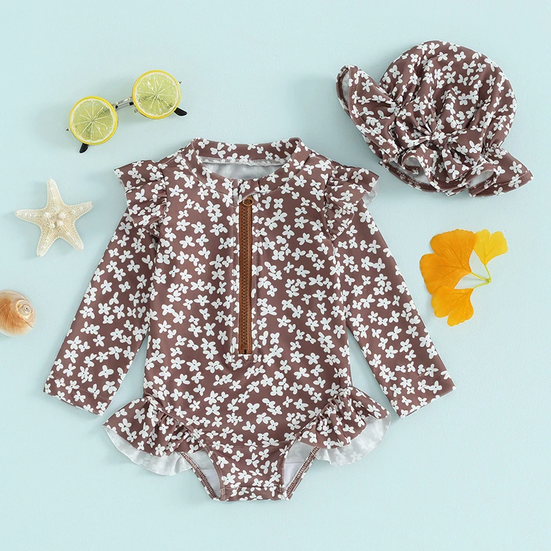 Baby Girls Bathing Suit Outfits Round Neck Flower Print Long Sleeve Zipper Swimsuit and Swim Cap Toddler Baby Beach Wear Set