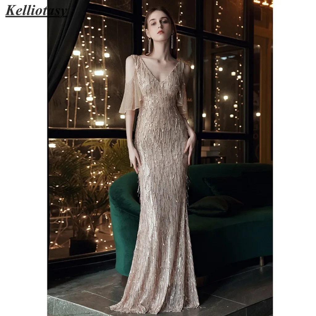 

Kelliotasy Sexy Mermaid Celebrity Dresses Women Luxury With Beads And Stones Vneck Elegant Celebrity Party Dress MBYD0145