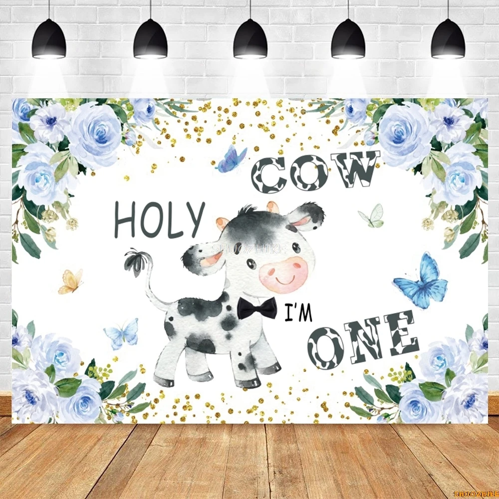 Holy Cow Baby Shower Backdrop Cartoon Farm Cow Cowboy My First Rodeo Kids 1st Birthday Photography Background Photo Studio Props