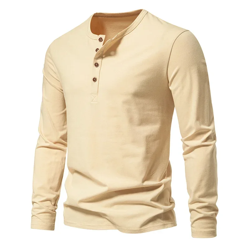 

Стильная однотонная мужская футболка Henley, осень 2025 г., новые футболки на пуговицах с длинными рукавами, мужская уличная одежда в стиле хип-хоп, повседневная одежда