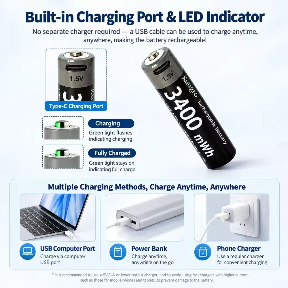 Kuugro USB AA 1.5V 3400mWh Type-C Rechargeable Lithium Battery for Hunting Camera Remote Control Mouse Smart Door Lock Toys