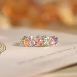 New Ins Gold-plated Copper Cute Fairy Rainbow Zircon Ring For Women Vintage Geometric Square Rings Fashion Aesthetic Jewelry