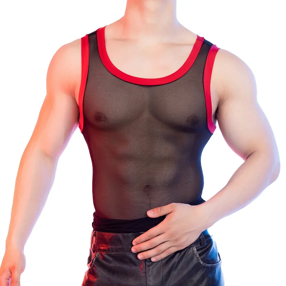 Mens Sleeveless Tight Fitting See-Through Mesh T Shirt Tank Tops Sports Vest Party Nightclubs Lightweight Breathable Men\'s Vest