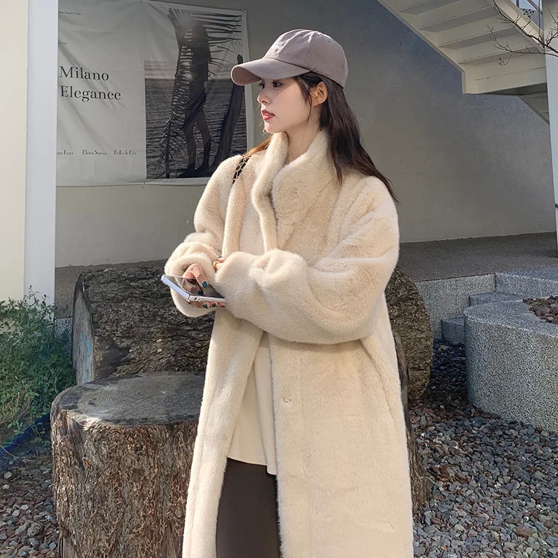 Stand Collar Faux Mink Fur Coat Women Winter Long Plush Jacket Elegant Fluffy Jacket High Quality Thick Furry Overcoat 2024 New