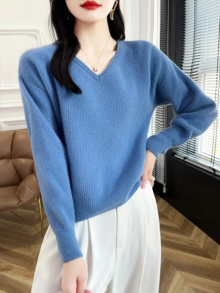 

Women's V-neck Autumn Winter Wool Sweater Striped Pullovers Long Sleeve Cashmere 100% Merino Wool Knitwear Grace Popular Clothes