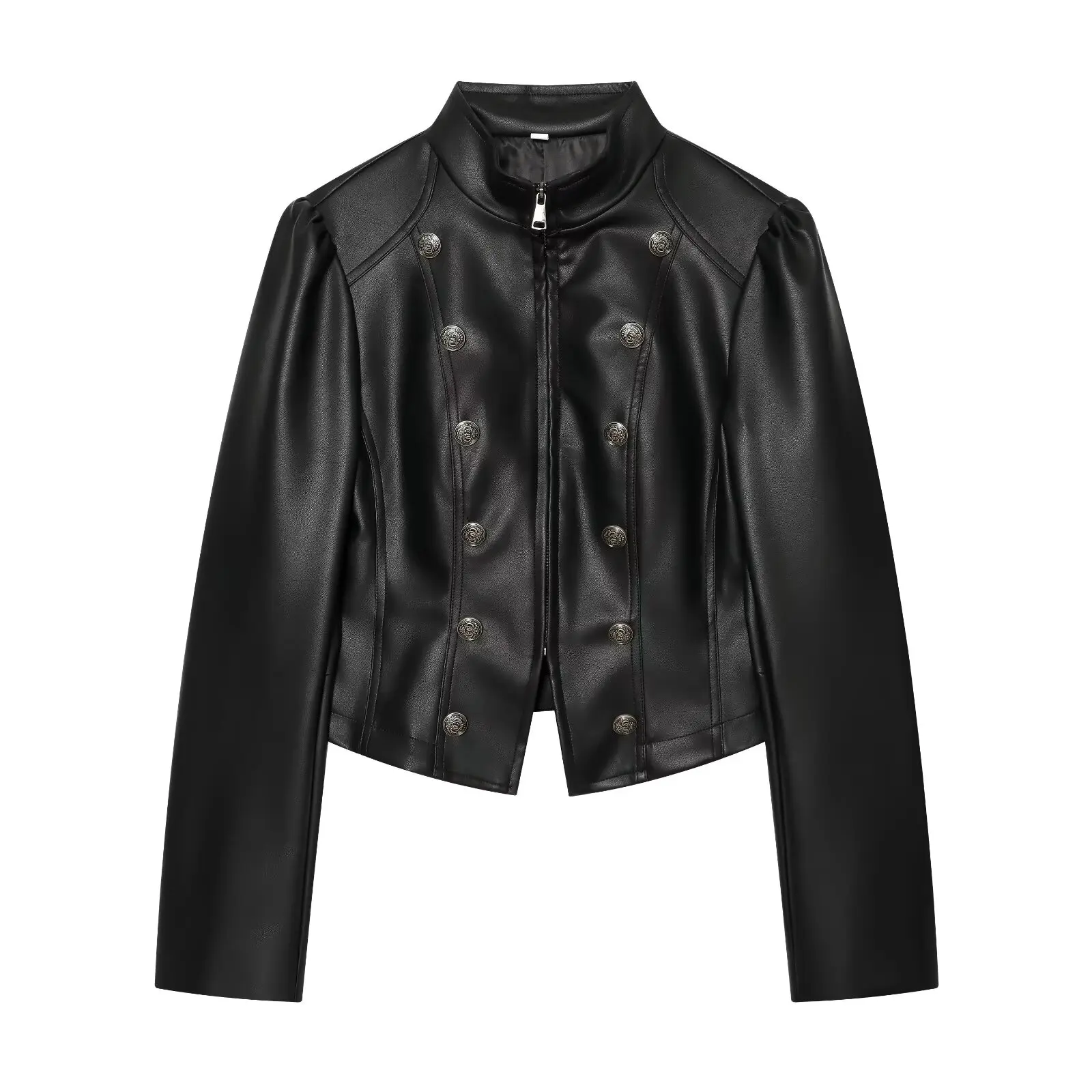 2026 New Autumn Women's High Street Faux Leather Short Jackets Lady Vintage Retro Napoleon Button Black PU Slim Fit Blazer Coats