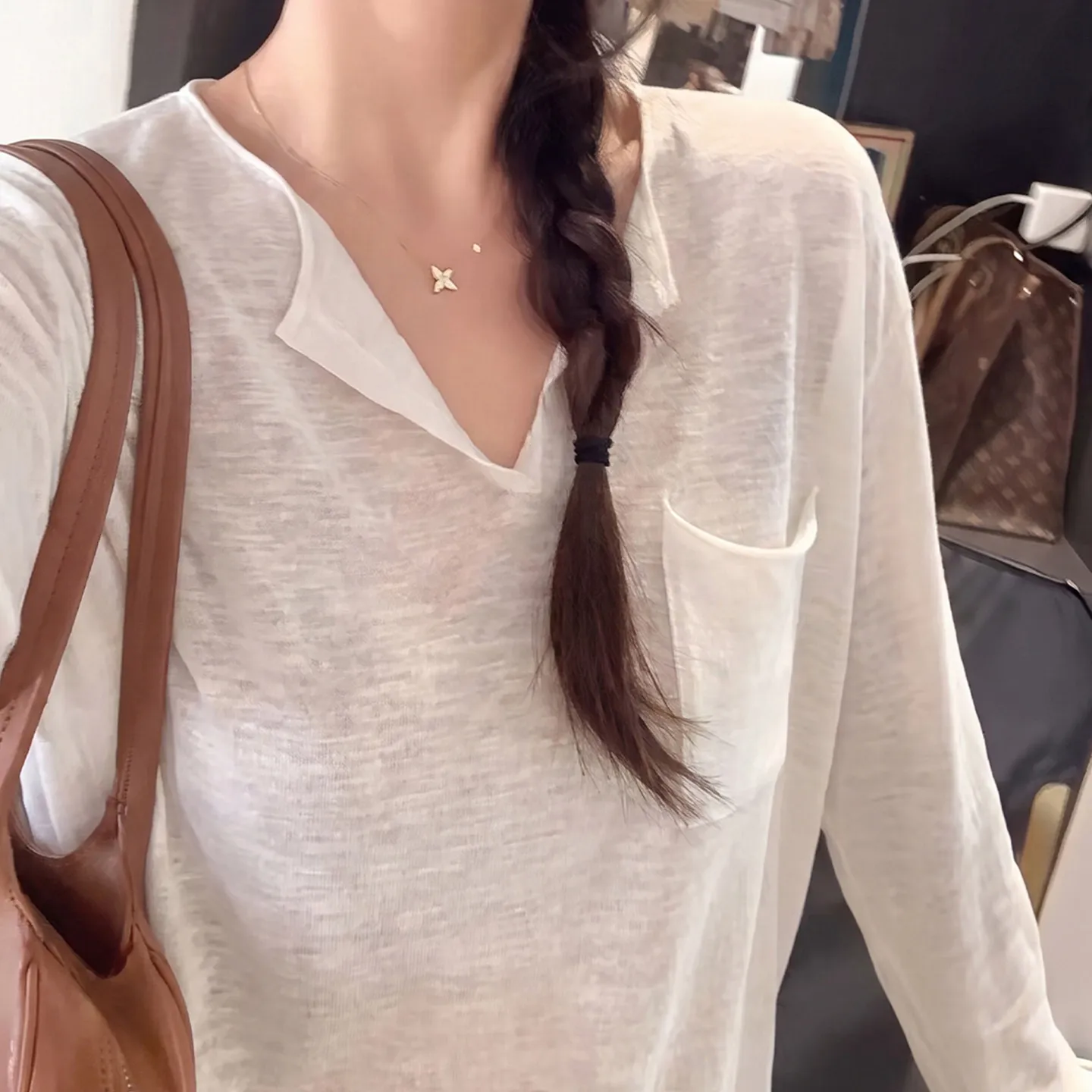 Sun Protection V-Neck Long Sleeve T-Shirt Women's Summer Casual Commute Slimming Loose Air Conditioning Shirt Top