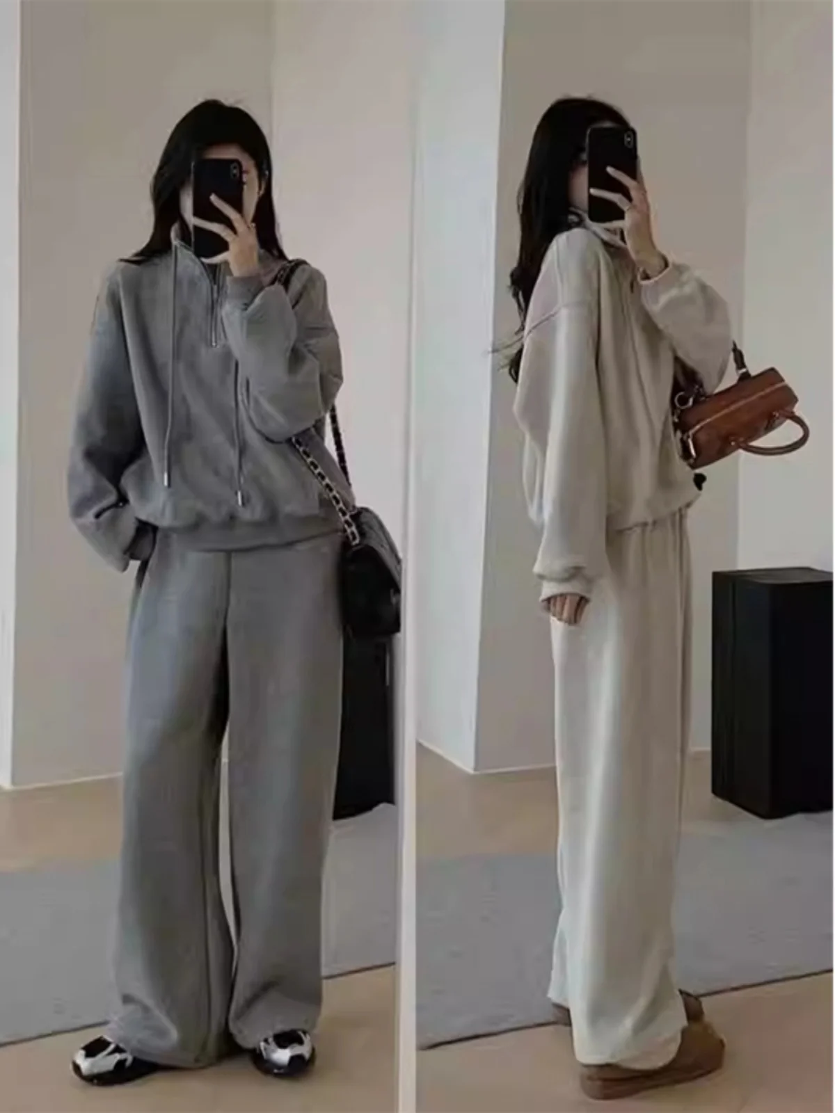 

Taoxi домашний повседневный спортивный комплект, женский осенне-зимний теплый свитшот с воротником-стойкой на подкладке, широкие брюки, комплект из двух предметов