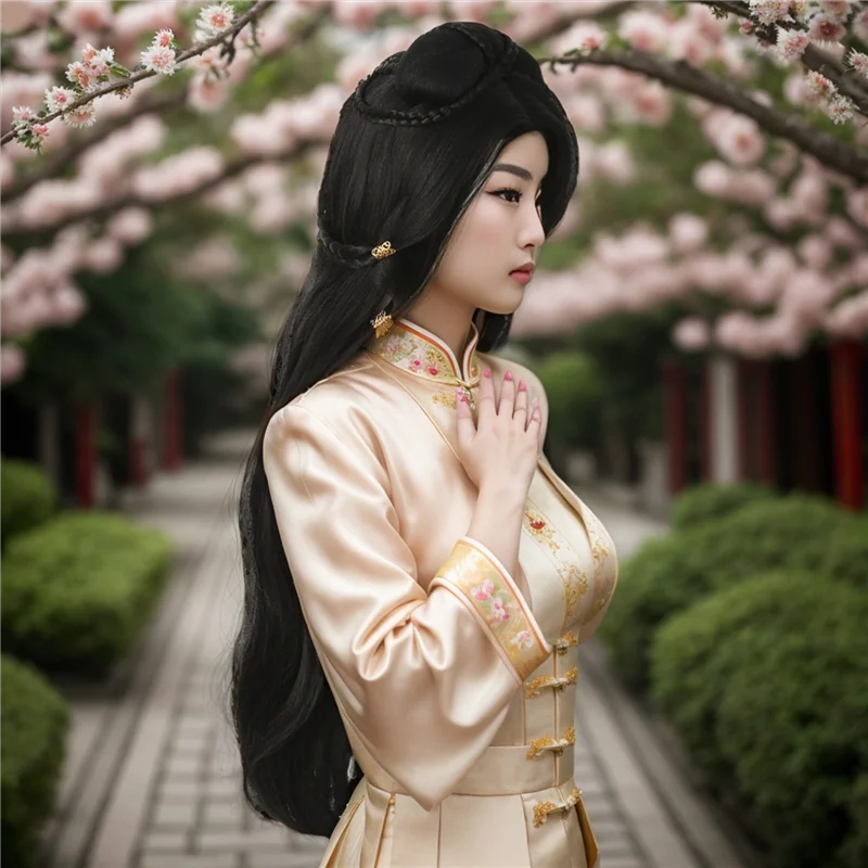 

M04K Ancient Costume Long Straight Chinese Wig Lazy Full Head Cover Chinese Style Hair Cover For Chinese Style Girls Wedding, Du